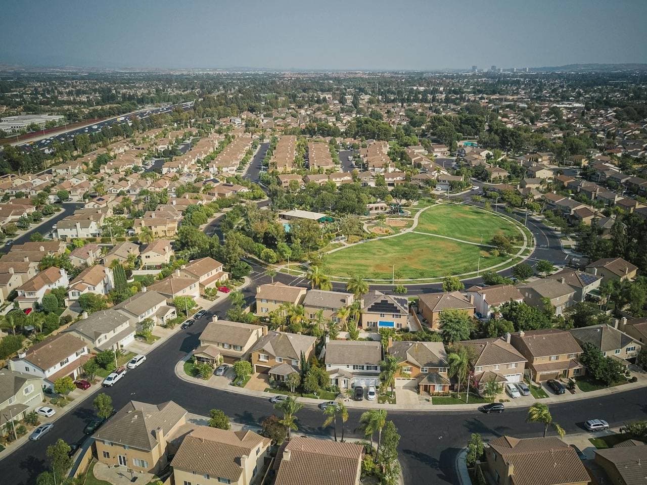 Aerial view of a suburban single-family residential neighborhood.